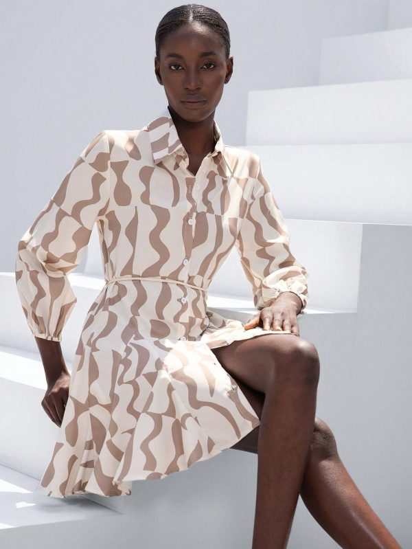 Allover Print Belted Shirt Dress Workwear Vacation Outfits Woman