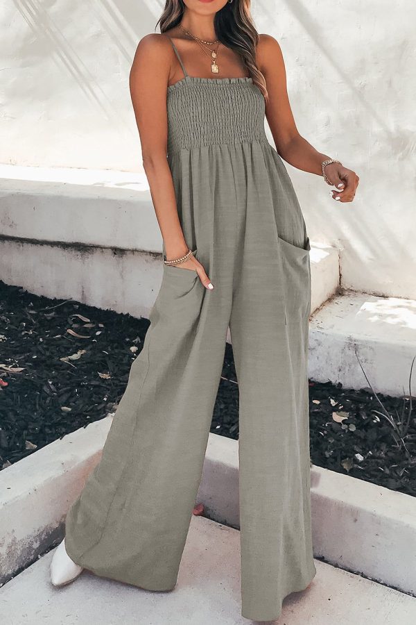 Smocked Spaghetti Strap Wide Leg Jumpsuit - Heather Gray / M