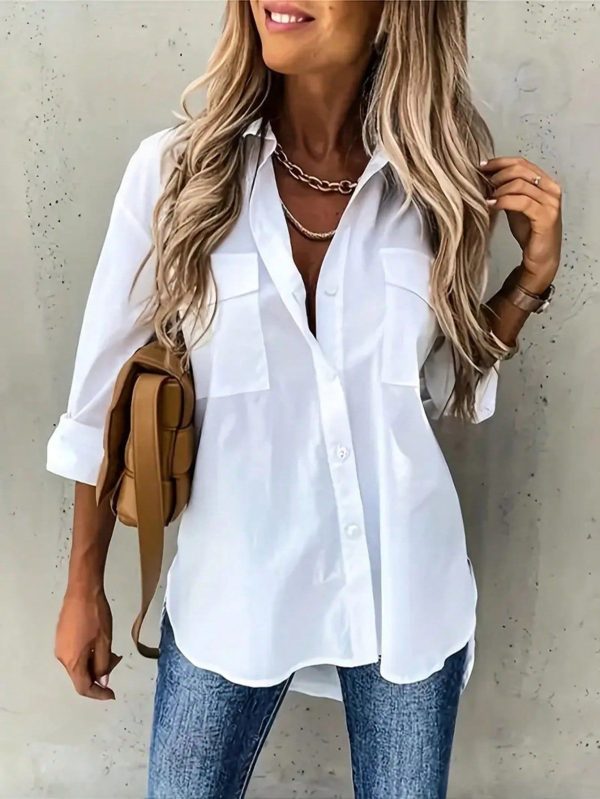 Women's Elegant Solid Color Polyester Blouse, Casual Shirt For All Seasons