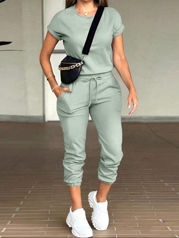 Women's Minimalist Style Crew Neck Short Sleeve Jumpsuit, Suitable For Summer