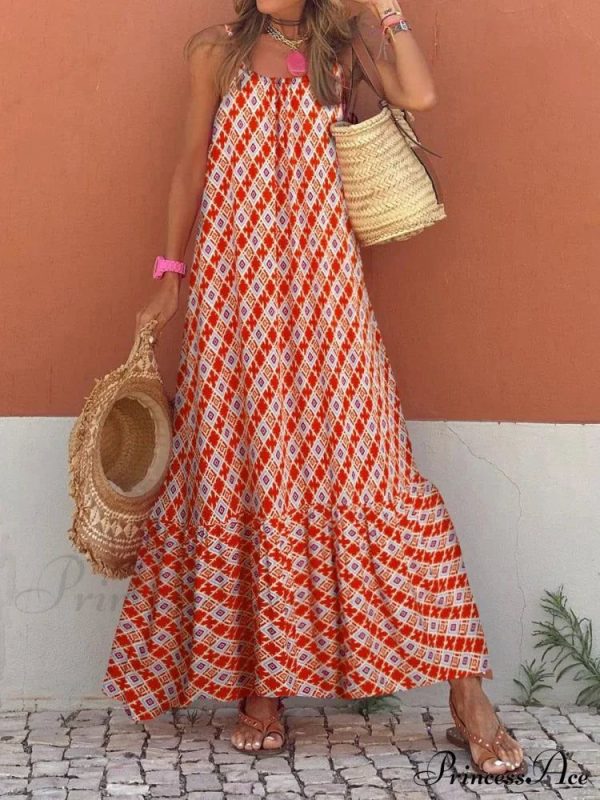 Sleeveless Print Summer Spaghetti Strap Boho Dress - ORANGE RED XXL