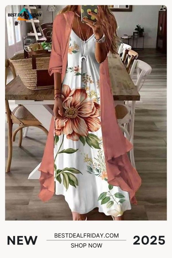 Casual Dress Dress Set Two Piece Dress Long Dress Maxi Dress Light Green Pink Purple Long Sleeve Flower Print Summer Spring V Neck Fashion Loose Fit S M L Xl Xxl 3xl for Women