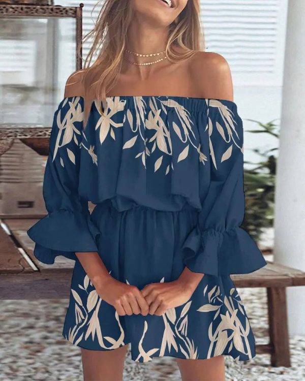 Zingj Zingj Sexy Fashion One-Word Shoulder Print Dress Women's Spot-Outfit Ideas 1#-XXL