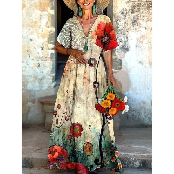 Women's Long Dress Maxi Dress Casual Dress Summer Dress Boho Dress Vintage Vacation Daily Weekend Regular Fit Floral Color Block Short Sleeve V Neck Red Green Summer