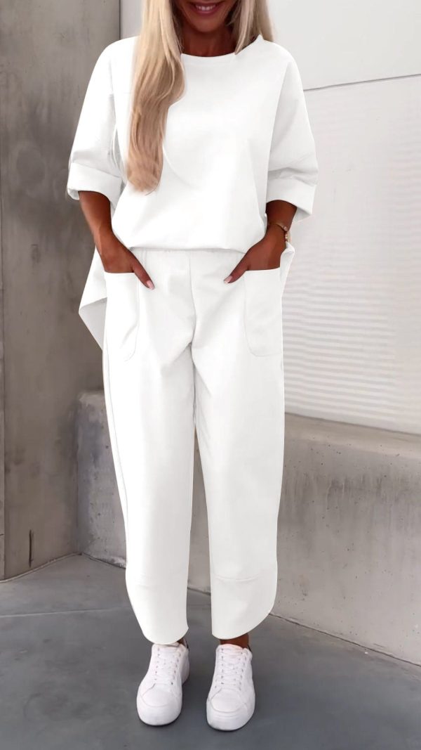 Autumn and winter new women's pure color round-necked long-sleeved suit pocket pants woman