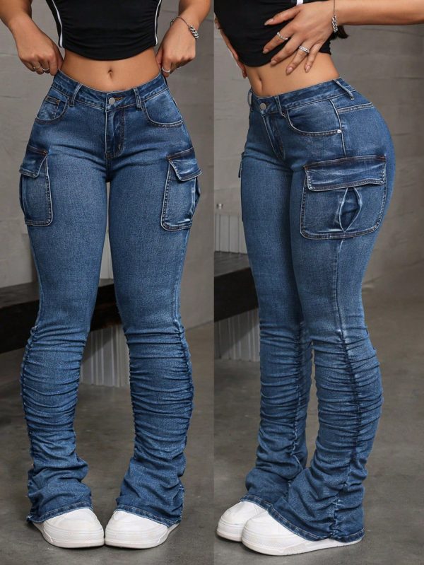 Women Casual Multi-Pocket Stacked Denim Jeans For Streetwear, Suitable For Spring And Autumn
