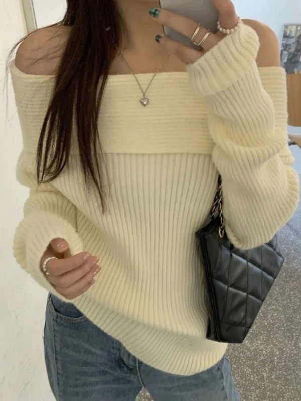 Zingj Solid Off Shoulder Knit Sweater- Outfit Ideas Beige-M