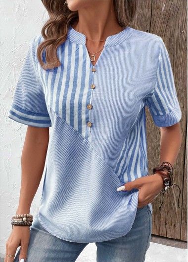 Tops For Women Patchwork Striped Light Blue Split Neck Short Sleeve Blouse