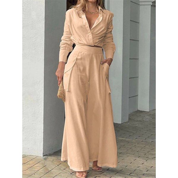 Women's Elegant Stylish Shirt Cotton Linen Sets Wide Leg Pants Long Sleeve Shirt Collar Plain Office Work Black White Blue Summer Regular Fit