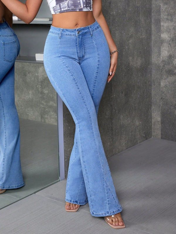 Distressed Slim Flare Leg Jeans, Minimalist And Fashionable Design Suitable For Summer