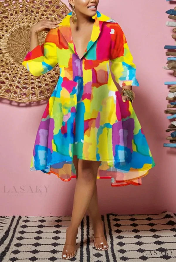 Lasaky - Elegant Black Patchwork Printed A-Line Dress for Women, featuring a Sophisticated Turn-Down Collar - Blue Yellow, 3XL