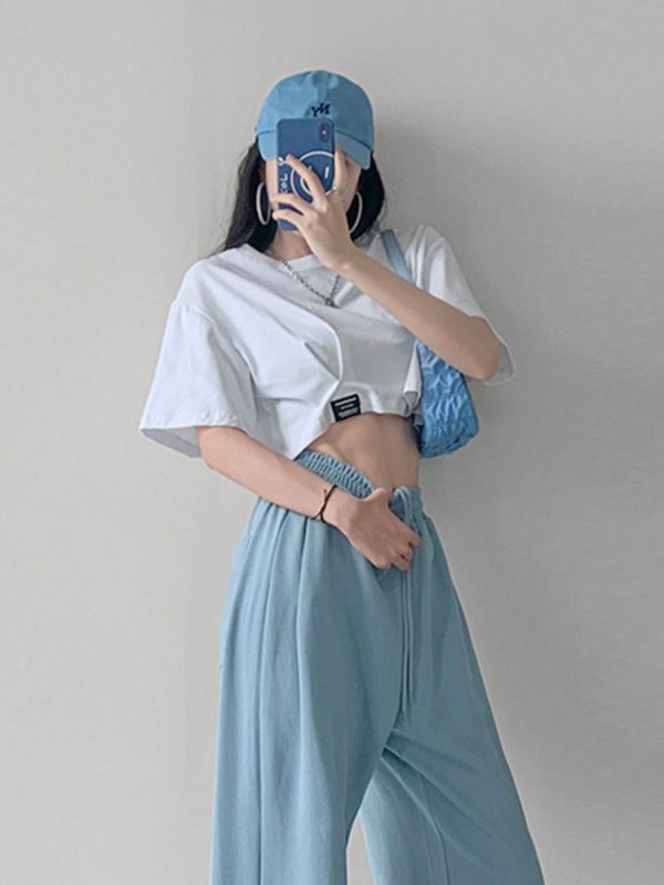 Zingj Crop Tops Women Summer High Waist Fashion T-shirt Egirl New Solid Cut Out Short Sleeve Tees Female WHITE-One Size