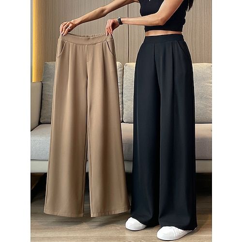 Women's Dress Pants Wide Leg Maillard Trousers Full Length Pocket Baggy Micro-elastic High Waist Fashion Streetwear Work Street Black Blue M L Summer Fall