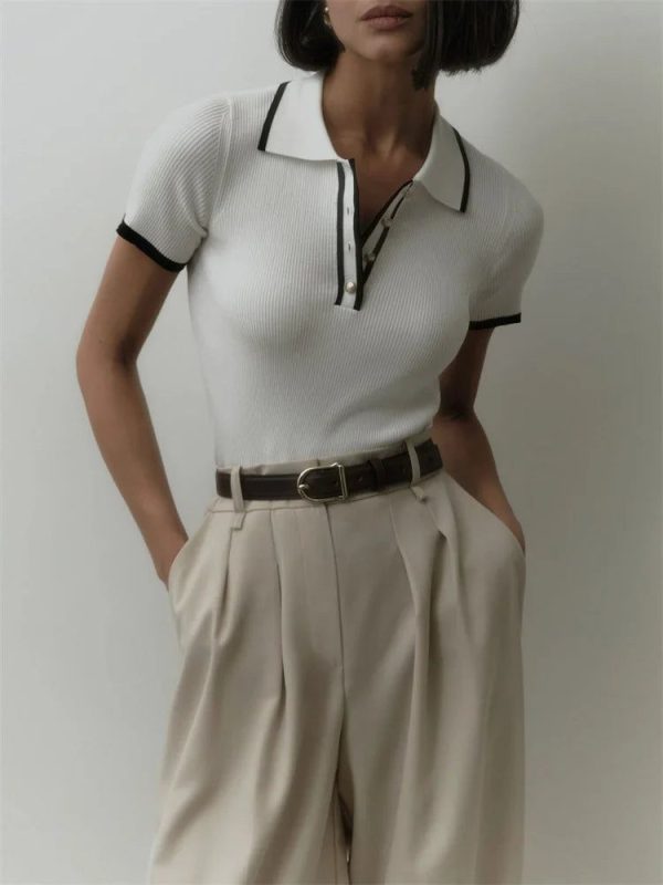 Casual Contrast Corduroy Top - White / L