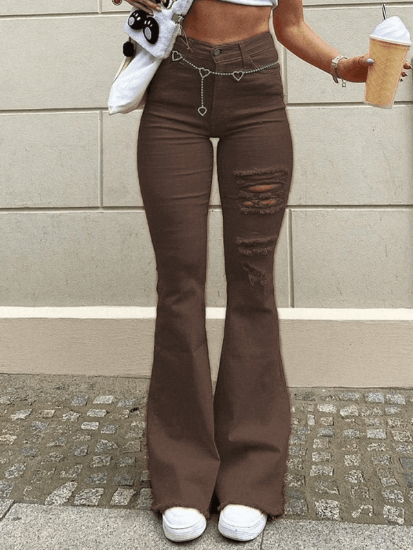 Zingj Distressed Stretch Flare Jeans- Outfit Ideas Brown-S