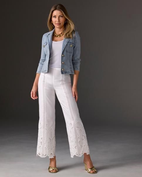 Malibu Floral Eyelet Scallop Pant  - White