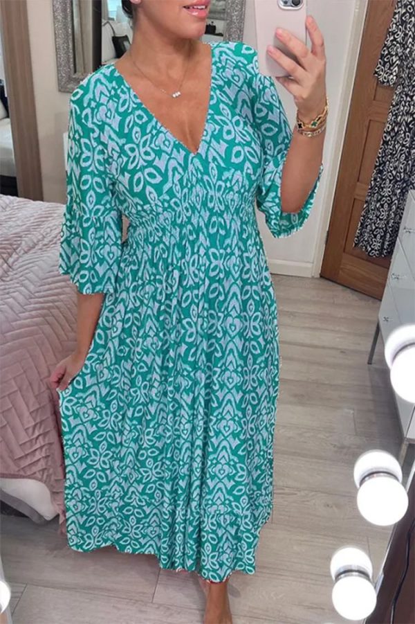 Zingj Zingj New Plus-Size Loose Long Beach Vacation Beach Dress V-Neck Floral Dress-Outfit Ideas Lakeblue-M