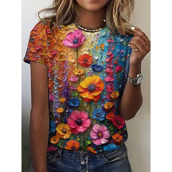 Women's T Shirt Floral Color Block Casual Short Sleeve Round Neck Regular Tops Daily Print Rainbow Summer