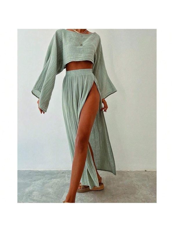 Chic Short Sleeve Linen Blend Top & High Waisted Slit Skirt Set For Casual Vacation In 2025