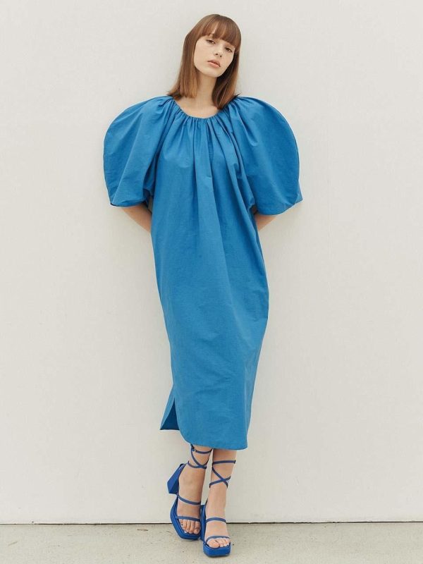 Giselle Puffsleeve Linen Midi Dress [Azure]