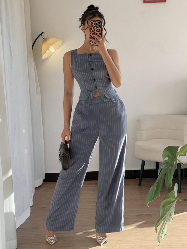 2pcs Women Set - Casual Striped Sleeveless Top And Long Pants