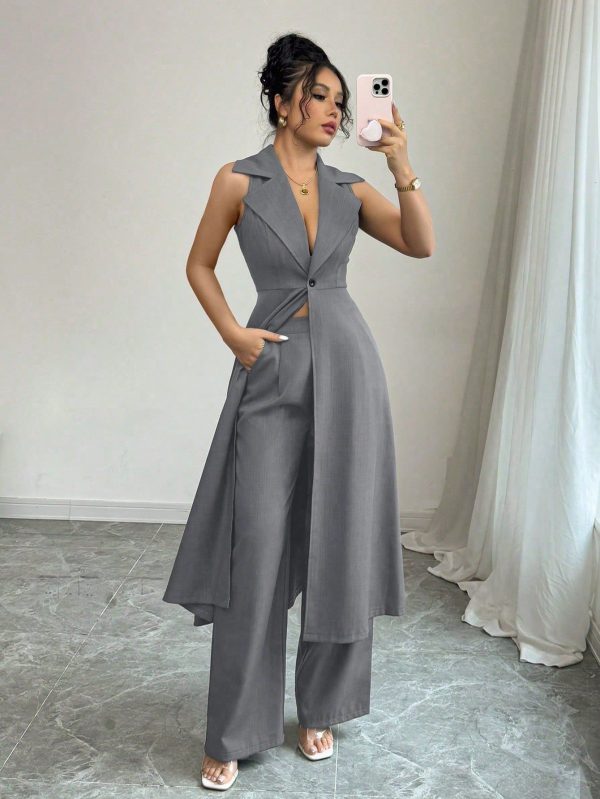 2pcs Elegant Commuting Sleeveless Long Lapel Waist Gathered A-Line Jacket And Pants Set