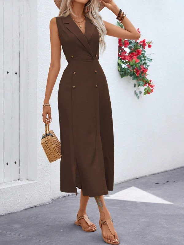 Ladies' Summer Solid Color Lapel Double-Breasted Long Sleeveless Commute Dress Maxi Women Outfit