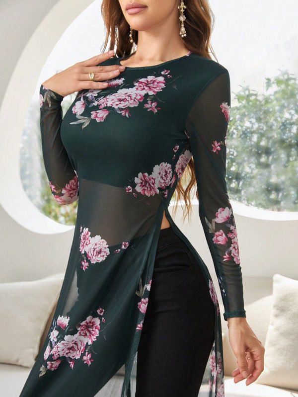 Women Casual Long Sleeve Mesh Flower Print Split Hem Long Top