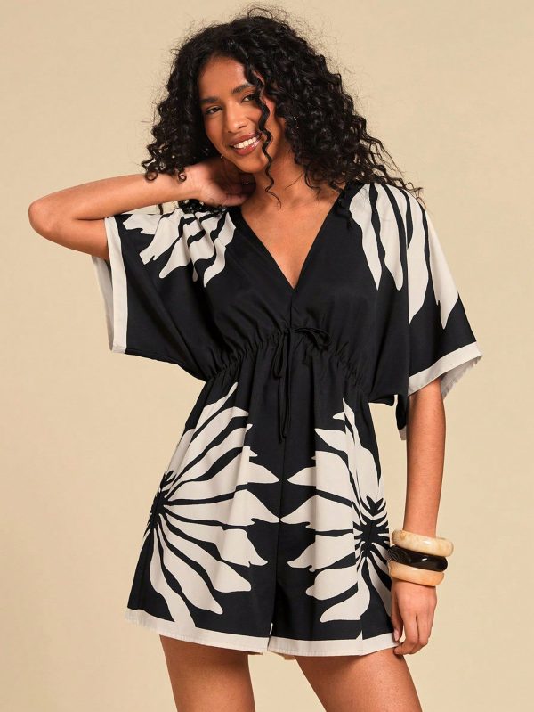 Vacation Casual Contrast Color Print Butterfly Sleeve Romper,Summer Outfits For Women,Beach Outfits For Woman,Western Wear Women,Concert Outfit Women,Boho,Tropical Vacation