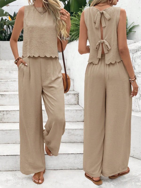 2pcs Women Solid Color Round Neck Backless Sleeveless Top And Pants Set