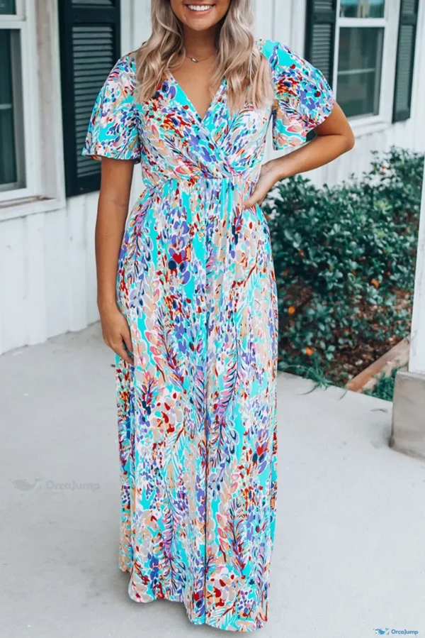 OrcaJump - Floral Print Plus Size Round Neck Long Sleeve Blouse with Versatile Design - Green Wrap V Neck Floral Maxi Dress, (US 8-10)M
