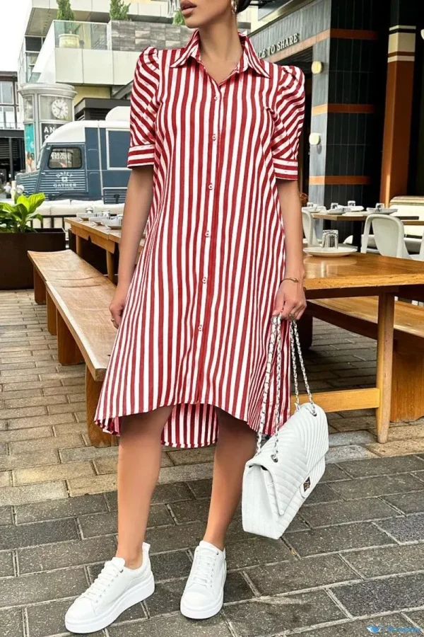 OrcaJump - Classic Royal Blue Striped Print Patchwork Dress with a Stylish Turndown Collar - Red, 2XL