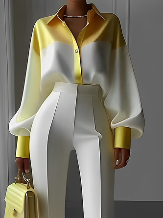 Women Color Block Spring/Fall Urban Satin No Elasticity Commuting Long Sleeve Regular H-Line Shirts