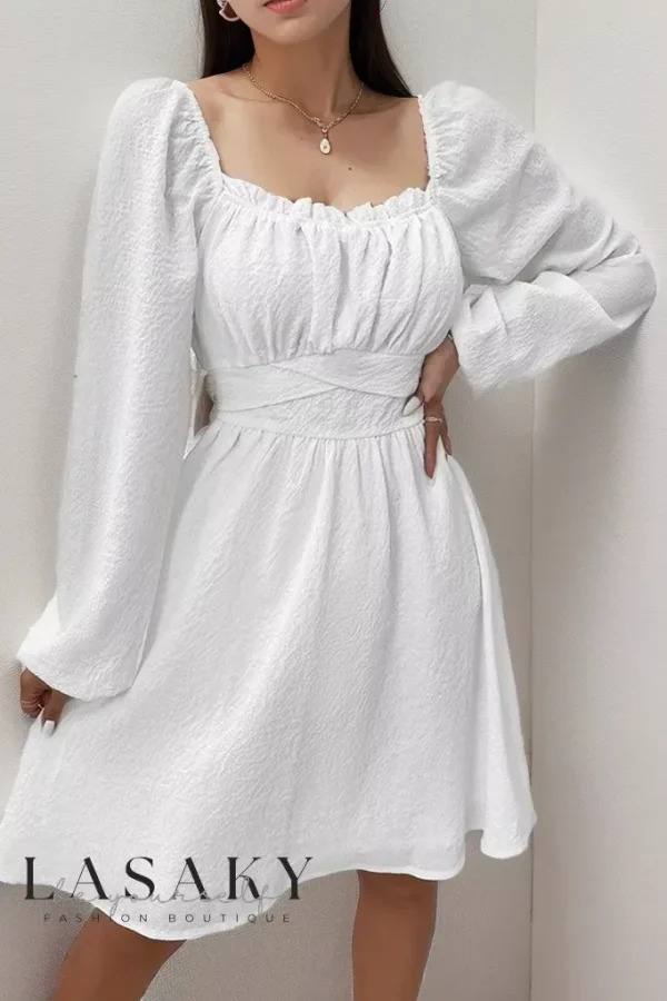 Lasaky - Solid-Colored Stand-Collar Pleated Waist-Tied Leaf Hem Dress for Women - White, 2XL