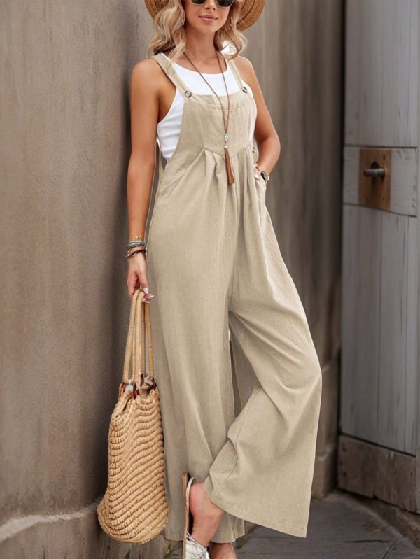 Thickened Ramie Cotton Solid Color Double Button Suspenders Pocket Wide Leg Side Pocket Buckle Jumpsuit