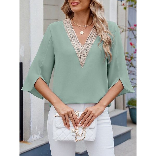Women's Blouse Solid Color Stylish Casual 3/4 Length Sleeve V Neck Regular Tops Daily Lace Patchwork Black White Pink Blue Green Summer Spring