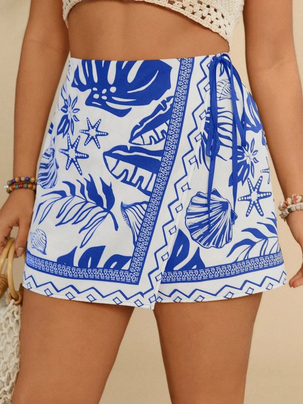 Plus Size Women Holiday Casual Side Tie Tropical Plant Printed Culottes