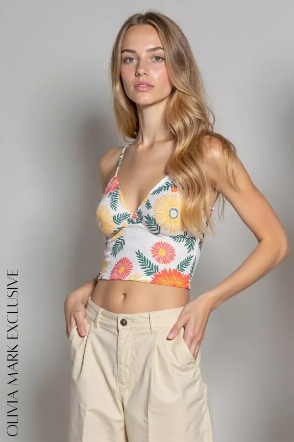 Vibrant Floral Ribbed Crop Top - White, XXS