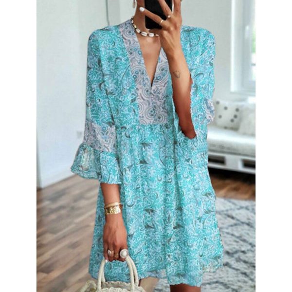 Women's Mini Dress Casual Dress Boho Dress Vacation Casual Boho Vacation Daily Regular Fit Floral 3/4 Length Sleeve V Neck Yellow Red Blue Sky Blue Summer