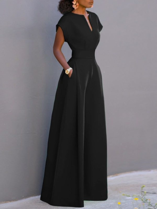 Summer Holiday Overalls Casual Elegant Playsuit Women Short Sleeve Long Rompers Commuting Wide Leg Pants Jumpsuits - Black / XL