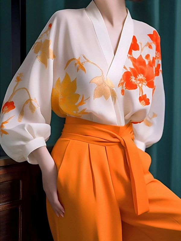 Floral Spring/Fall Urban Polyester V neck Natural Regular Fit Commuting H-Line Shirts for Women