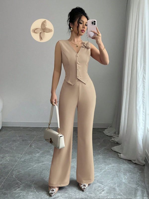 2 Pieces/Set Women's Solid Color 3D Flower Single Breasted Vest Commuting Elegant Vacation Casual Flare Pants Set