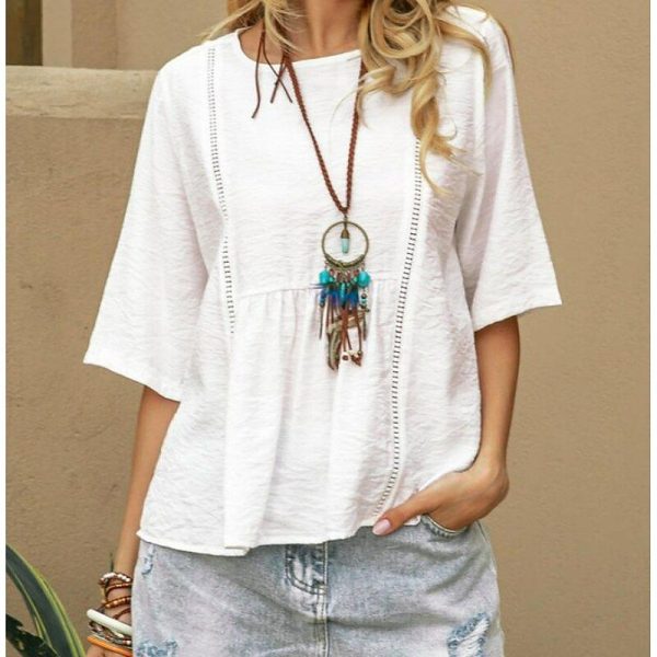 Women's Shirt Solid Color Plain Bohemia Daily Stylish Half Sleeve Crew Neck Regular Tops Daily Holiday Going out Patchwork White Blue Summer Spring