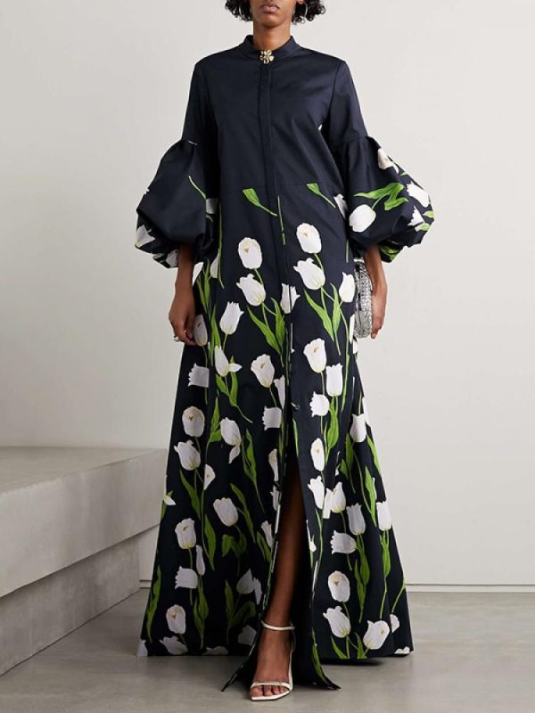 Modigirl Elegant Floral Printed Stand Collar Shirts Long Dresses Womens Spring Lantern Sleeves
