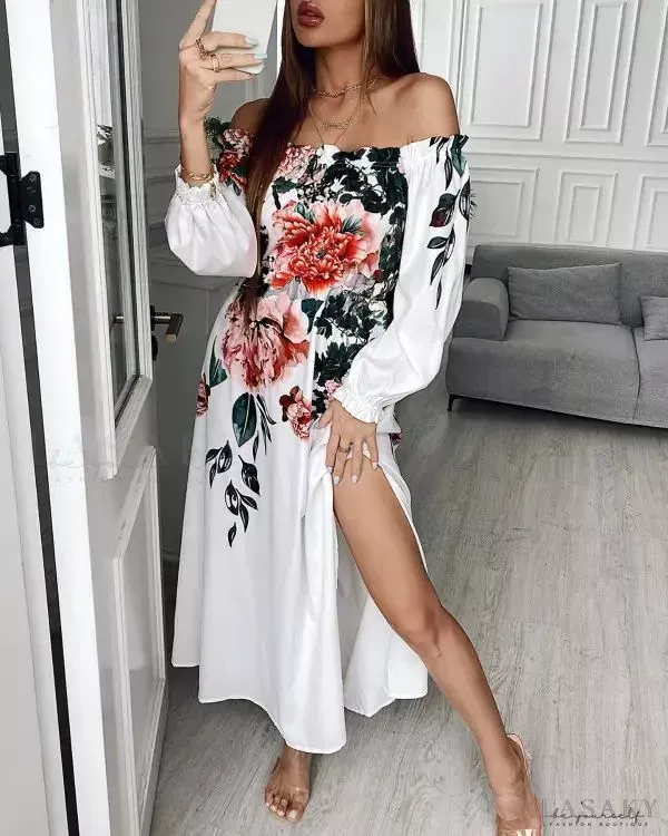 Lasaky - Floral Print Off The Shoulder Slit Maxi Dress - white, L