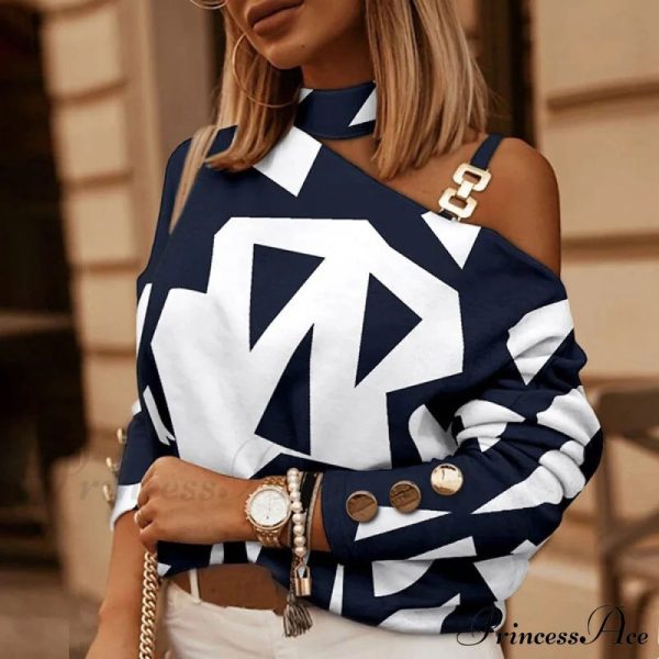 Off Shoulder Sequins Printed Long Sleeve Slash Neck Pullover - Digtail Print / XXL