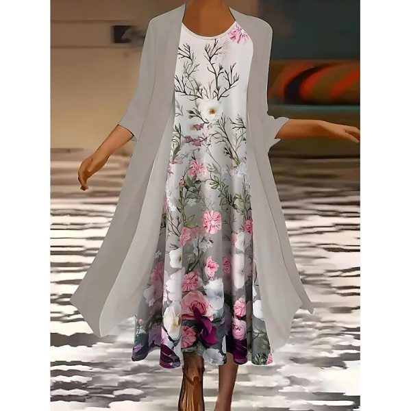 Women's Dress Set Maxi Dress Summer Dress Vacation Casual Ombre Floral Print 3/4 Length Sleeve Crew Neck Wedding Guest Birthday Green Gray Summer Spring Regular Fit