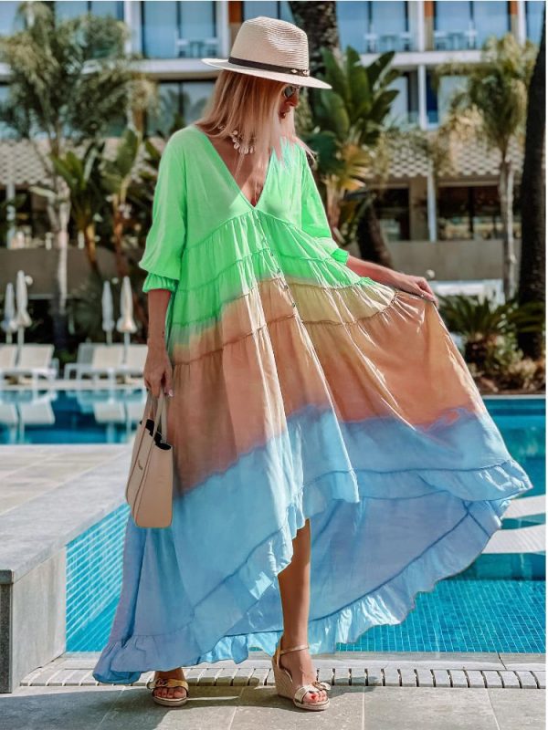 Zingj Summer Casual Printed Dress Long-sleeved V-neck Stitching Contrast Color Long Dress Fashion Holiday Women's Clothing Robe Light Green-XL