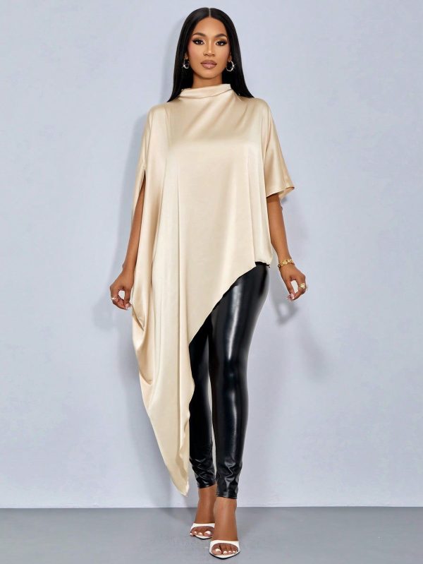 Mock Neck Batwing Satin Asymmetrical Hem Blouse - Apricot / M