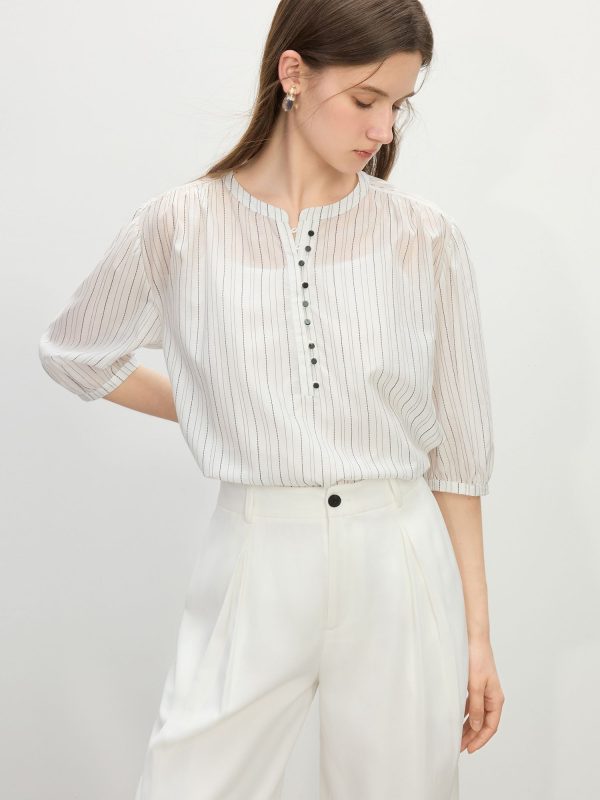 FSLE Black White Striped Short-sleeved Shirt for Women in Summer 2025 New Temperament Commuting